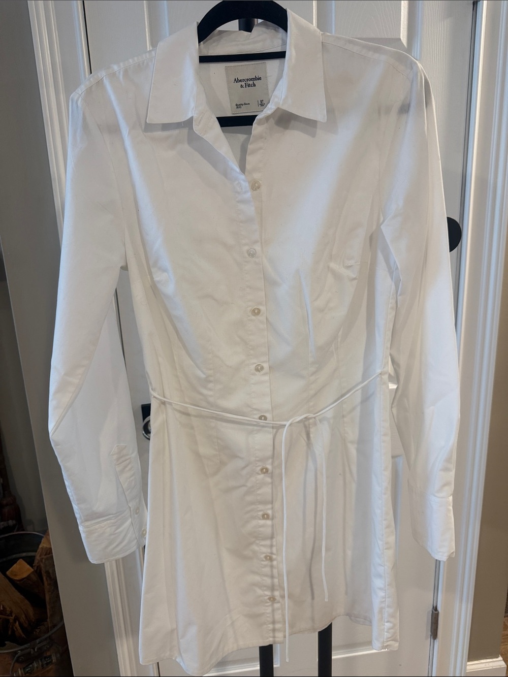 Abercrombie & Fitch White Long-Sleeve Shirt Dress with Self Tie - SMALL/TALL